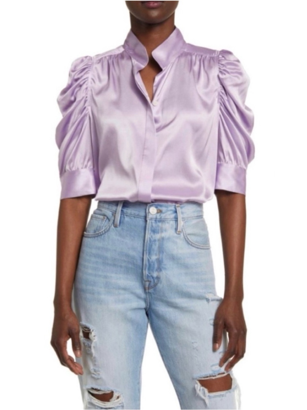 Frame Denim Gillian Lilac Satin Puff-Sleeve Blouse
